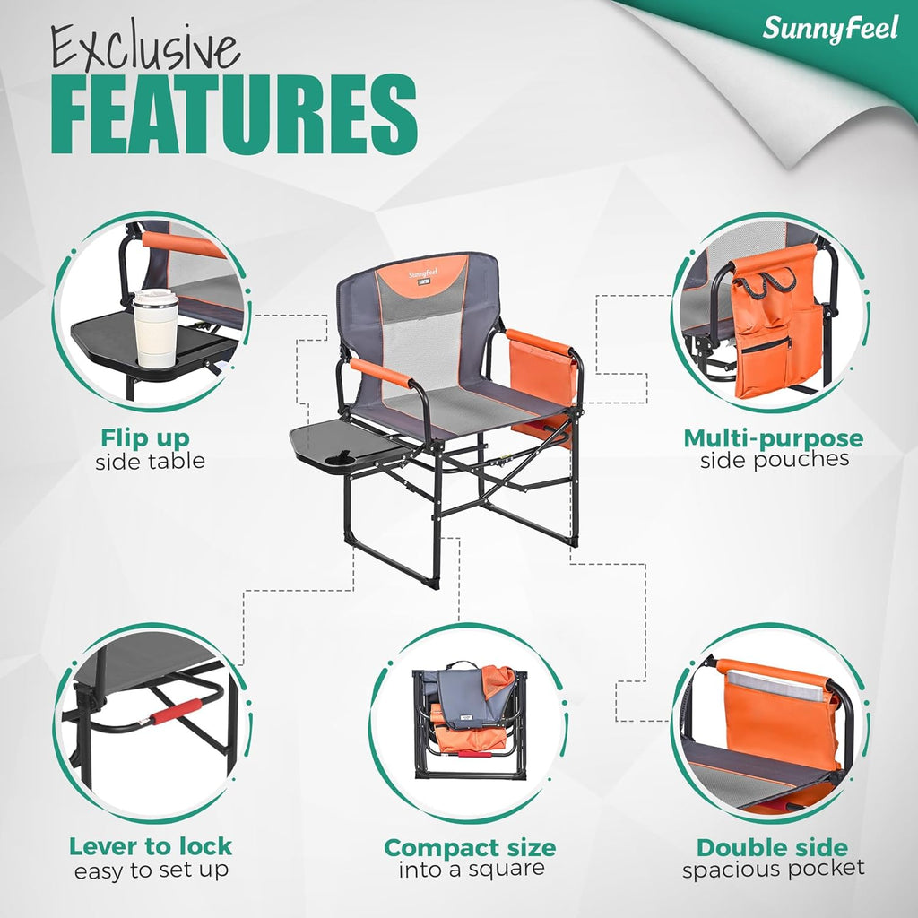 SUNNYFEEL Oversized Camping Chair Portable Directors Chairs with Side Table