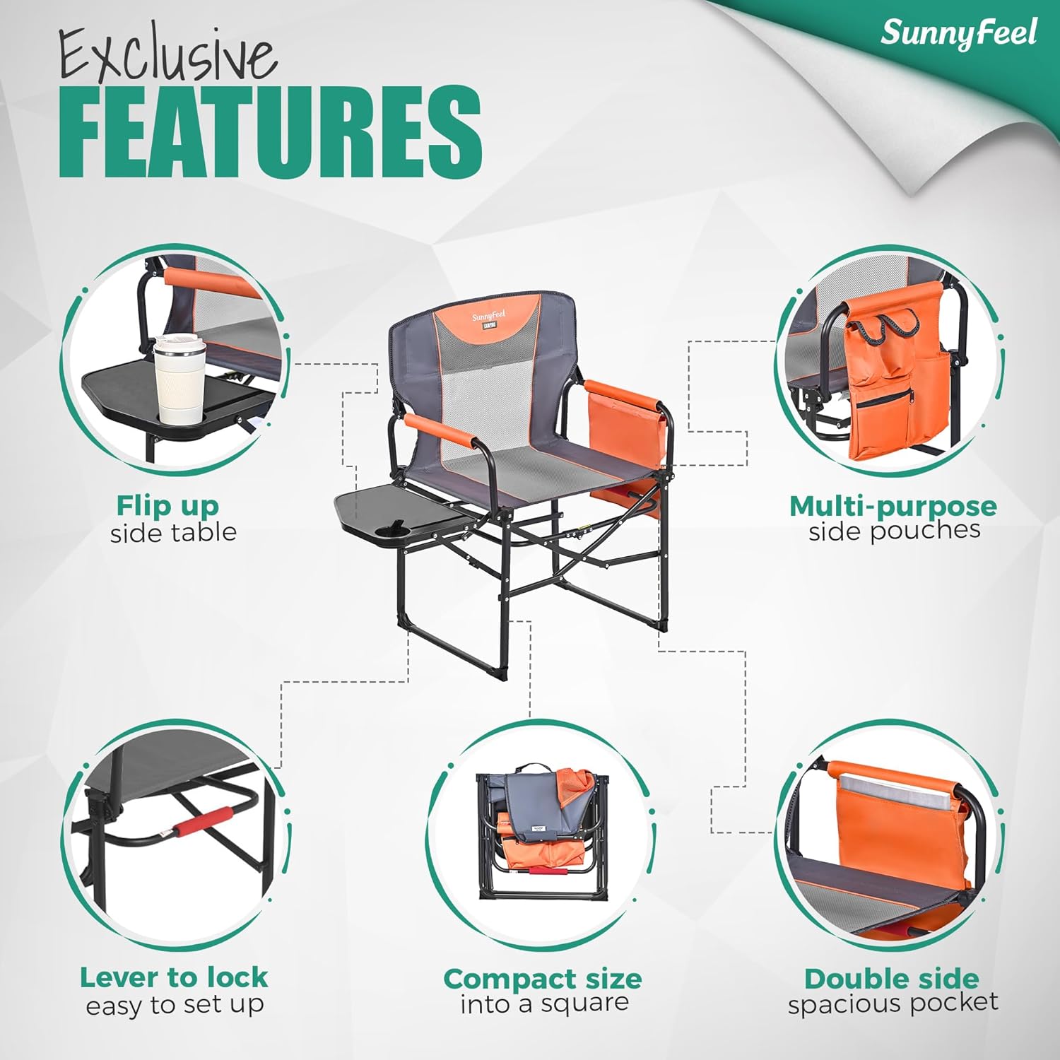 SUNNYFEEL Oversized Camping Chair Portable Directors Chairs with Side Table