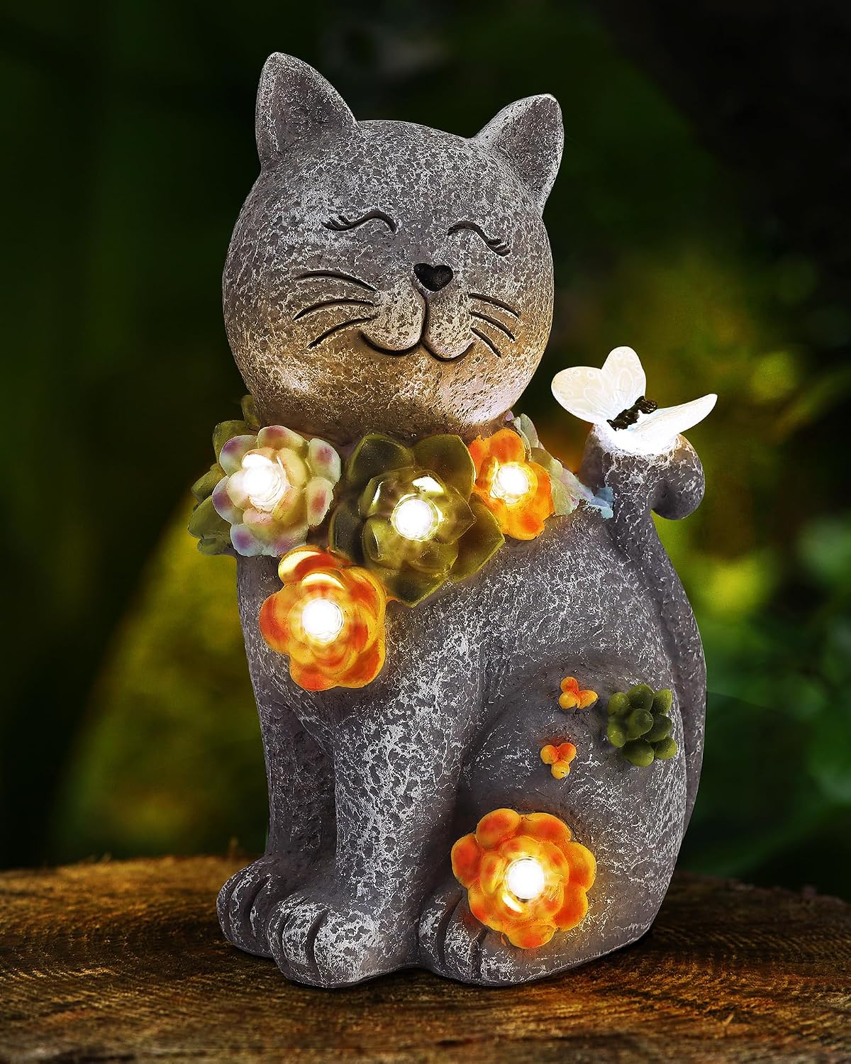 Vuees Solar Garden Statues Outdoor Decor, 6 LED Cat Flowers Butterfly Figurine Lights, Waterproof for Balcony Patio Porch Lawn Yard Ornament Art - Gift Ideas for Housewarming Gardening Grandma Women