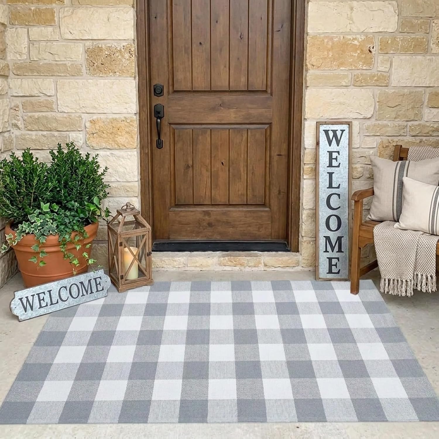 MUBIN Cotton Buffalo Plaid Rug, 3' x 5' Gray White Outdoor Rug Front Door Decorative Mat, Washable Doormat Hand-Woven Foldable Area Rug Layered Door Mats Rug for Front Porch, Entryway, Patio