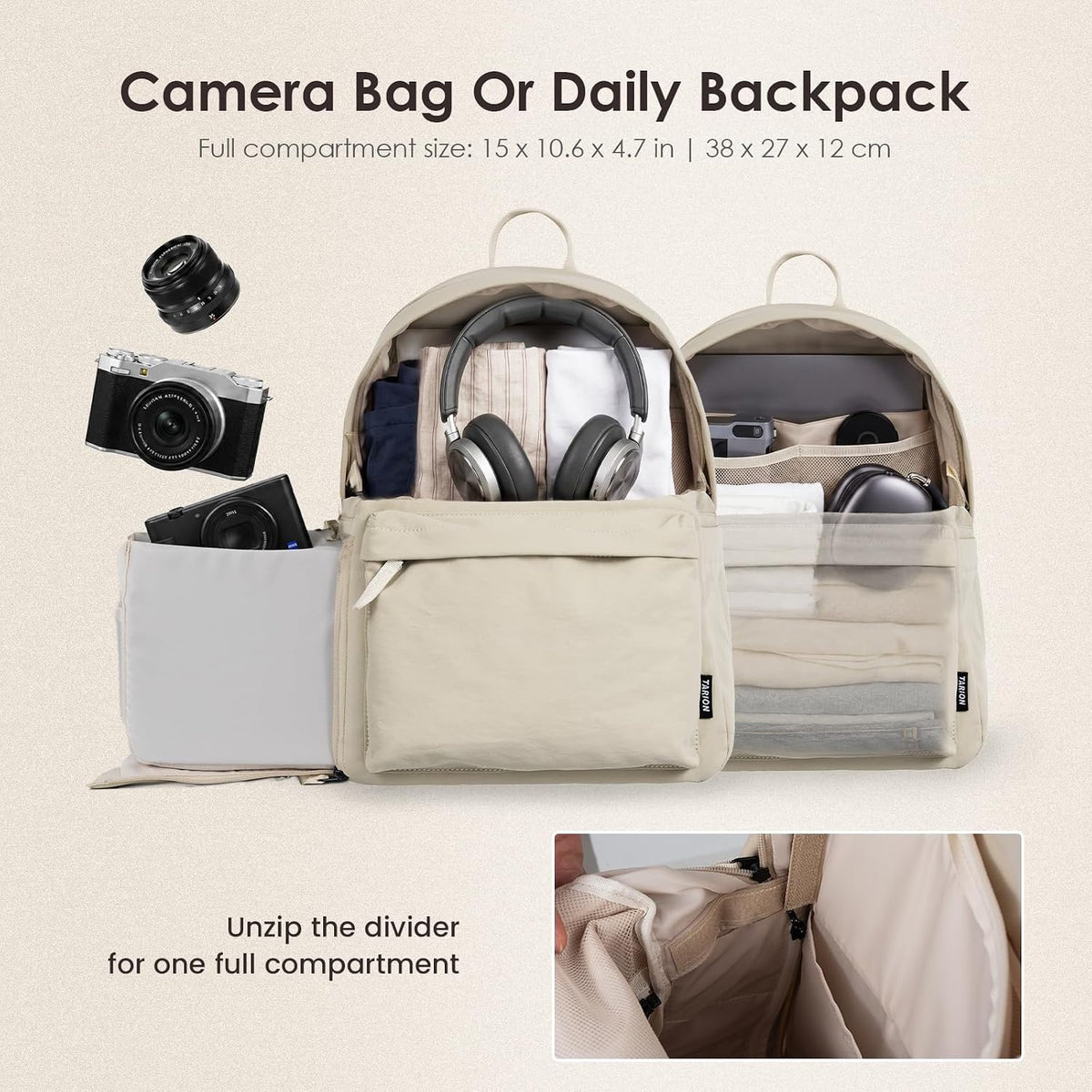 TARION Casual Camera Backpack 15L Urban Photography Bag, Once LT15, Beige