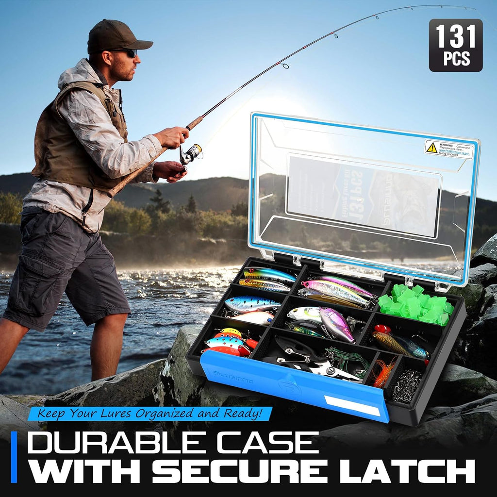PLUSINNO Fishing Lures Fishing Tackle Box Fishing Gifts for Men, Bass, Trout Fishing Accessories Kit for Saltwater & Freshwater Fishing Gear Including Topwater Lures, Hooks, Spinnerbaits