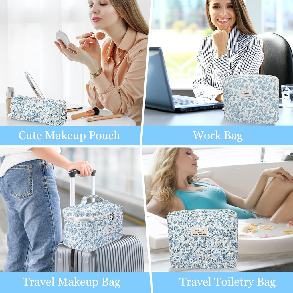 Gosect Makeup Bag Set, Quilted Makeup Bag, Large Floral Cosmetic Bag for Women, Cute Cotton Makeup Bags, Flower Travel Toiletry Organizer Bag (Blue Peacock Flower)