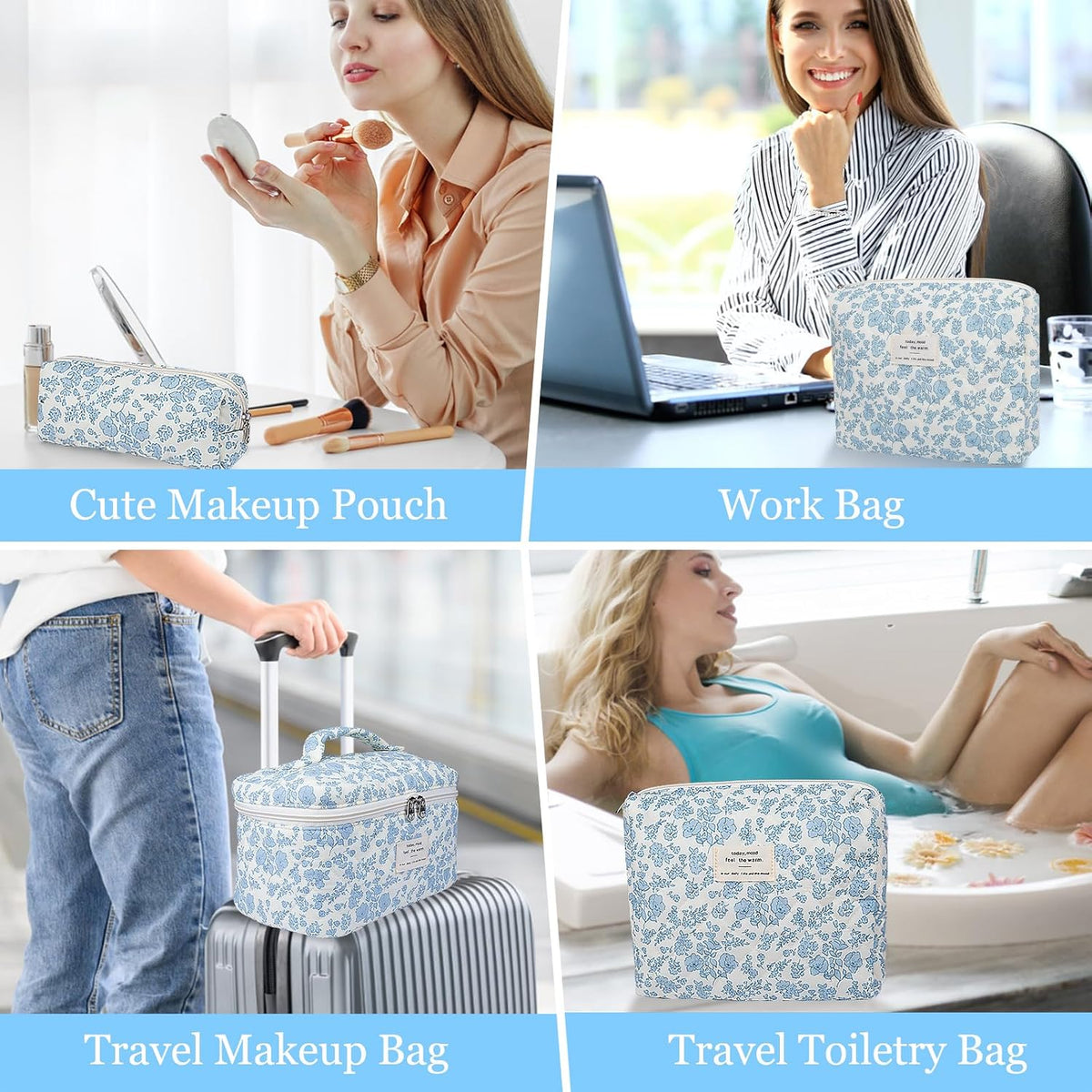 Gosect Makeup Bag Set, Quilted Makeup Bag, Large Floral Cosmetic Bag for Women, Cute Cotton Makeup Bags, Flower Travel Toiletry Organizer Bag (Blue Peacock Flower)