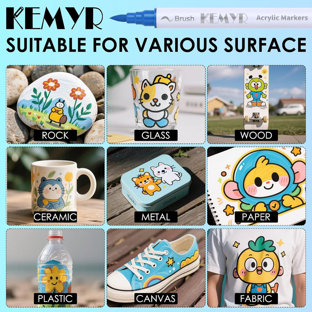 KEMYR 120 Colors Brush & Fine Tip Acrylic Paint Pens, Dual Tip Acrylic Paint Markers for Paper, Wood, Canvas, Stone, Rock, Glass, Fabric, DIY, Ceramic, Art Supplies for Adults Drawing