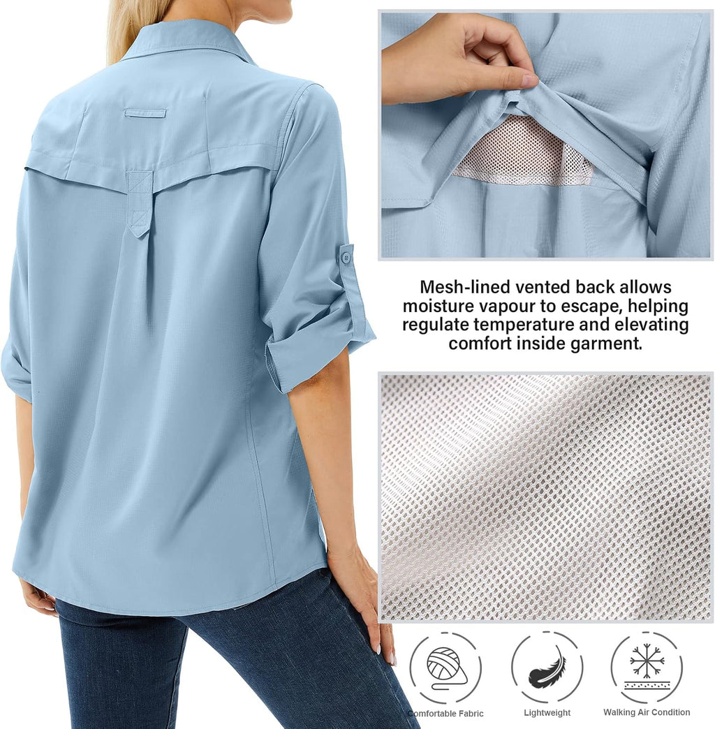Women's UPF 50 Long Sleeve Sun Protection Safari Fish Hiking Shirts