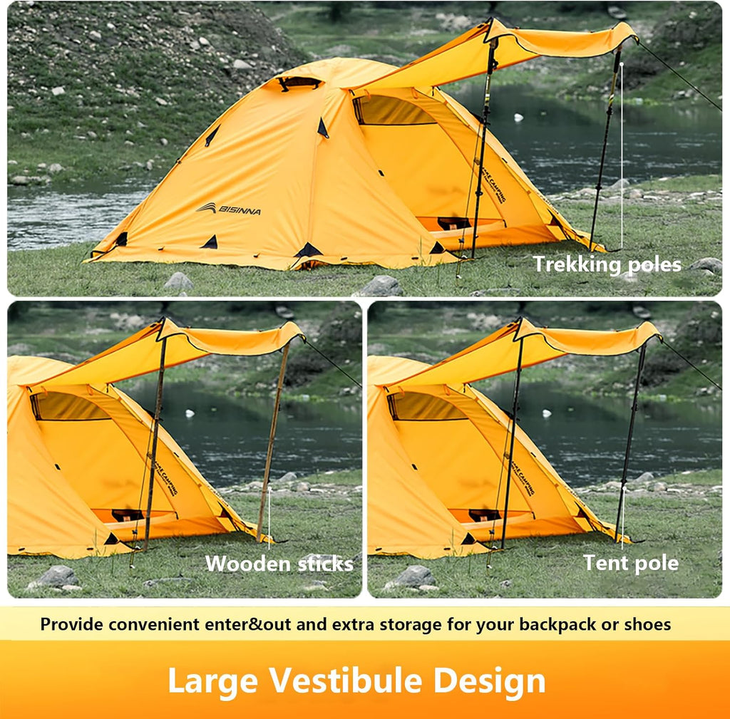 BISINNA 4 Season Tent for Backpacking Winter Tents 2 Person Lightweight Cold Weather Tents Waterproof Double Layer All Season Tent Aluminum Alloy Poles Easy Set Up for Camping, Hiking, Outdoor
