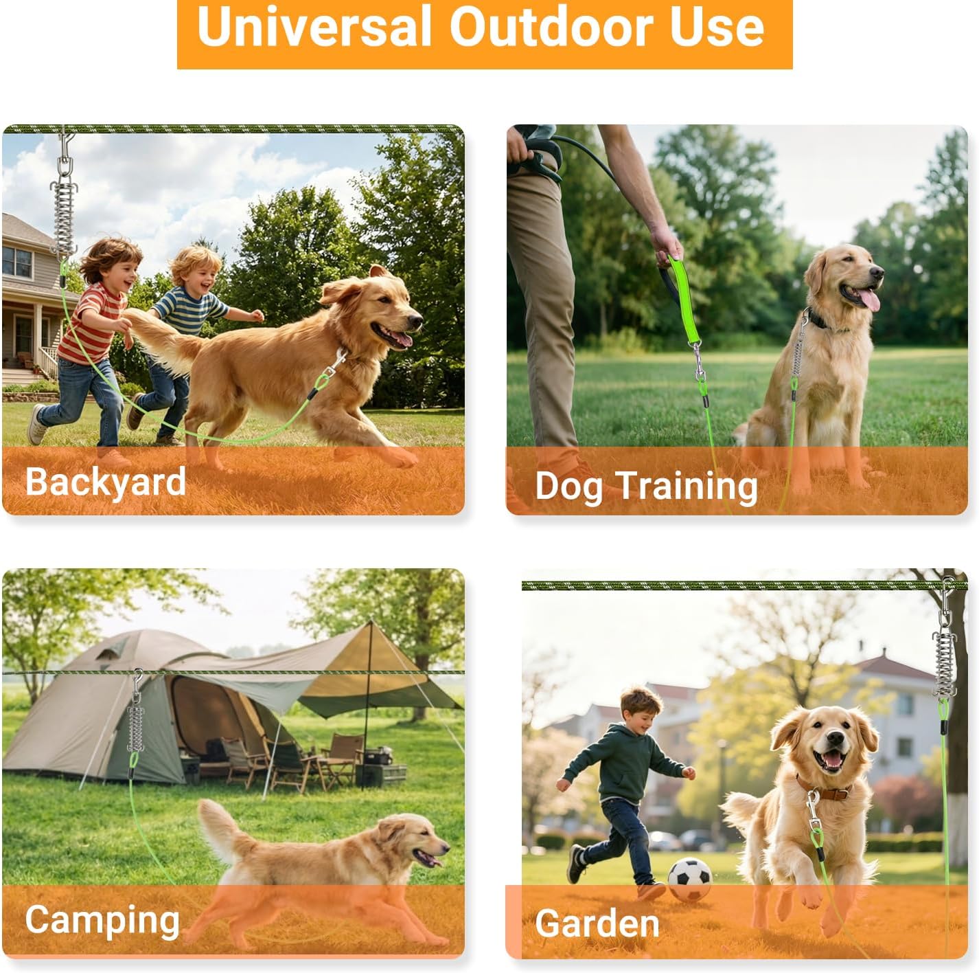 Dog Runner Trolley Cable: 50FT Heavy Duty Zipline for Yard & Camping with 10Ft Tie-Out & Shock Spring - Up to 200LBS