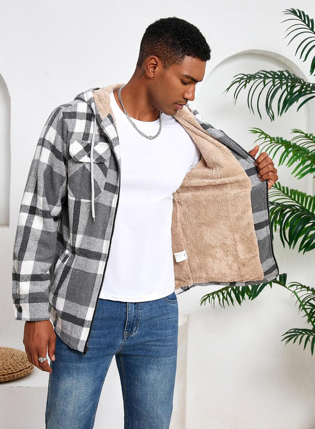 Men's Zip Up Flannel Shirt Jacket Fleece Lined with Hood