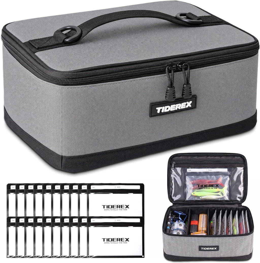Fishing Tackle Bag with 20 DIY Soft Plastic Bait Bags, Gray