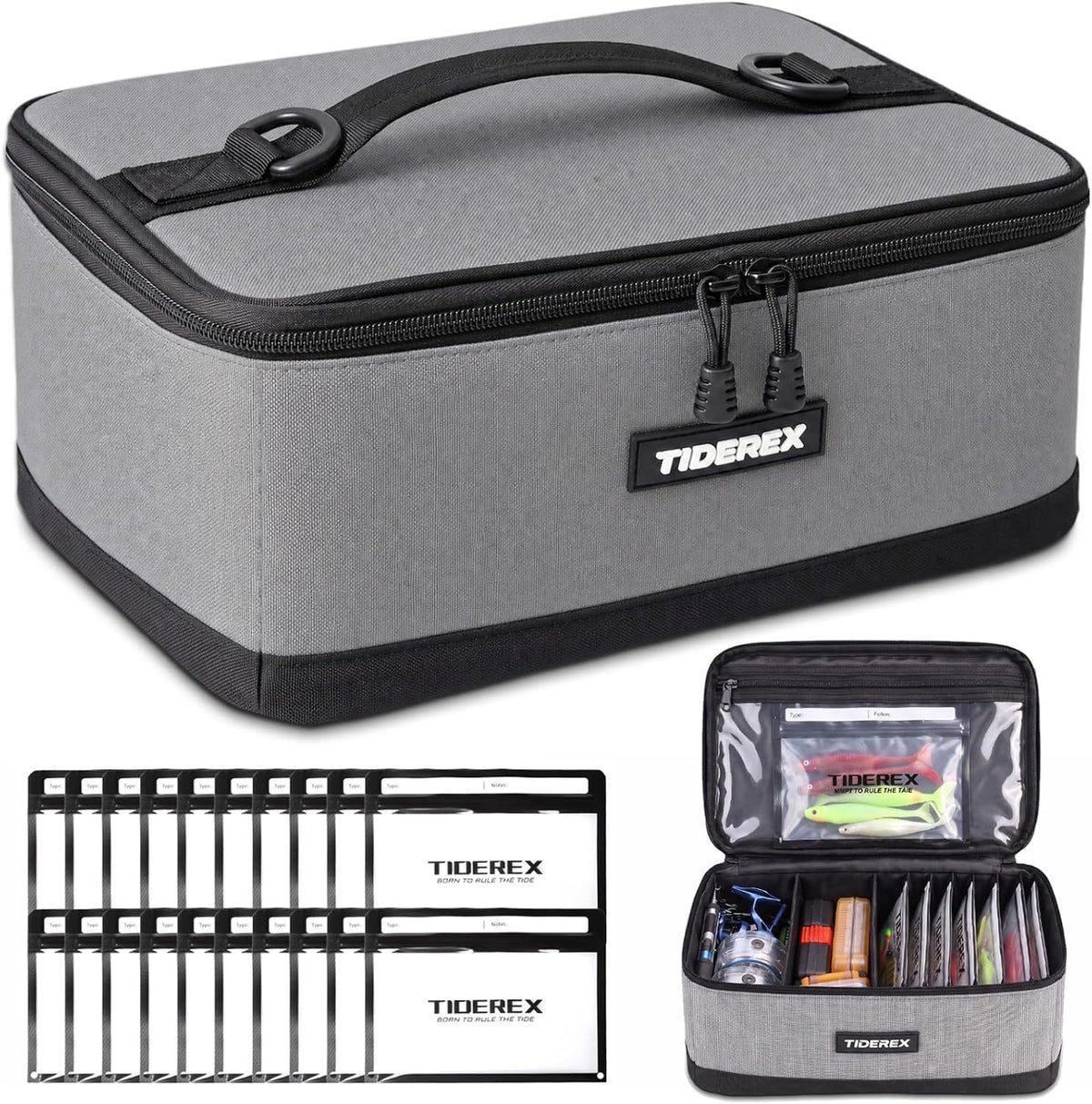 Fishing Tackle Bag with 20 DIY Soft Plastic Bait Bags, Gray