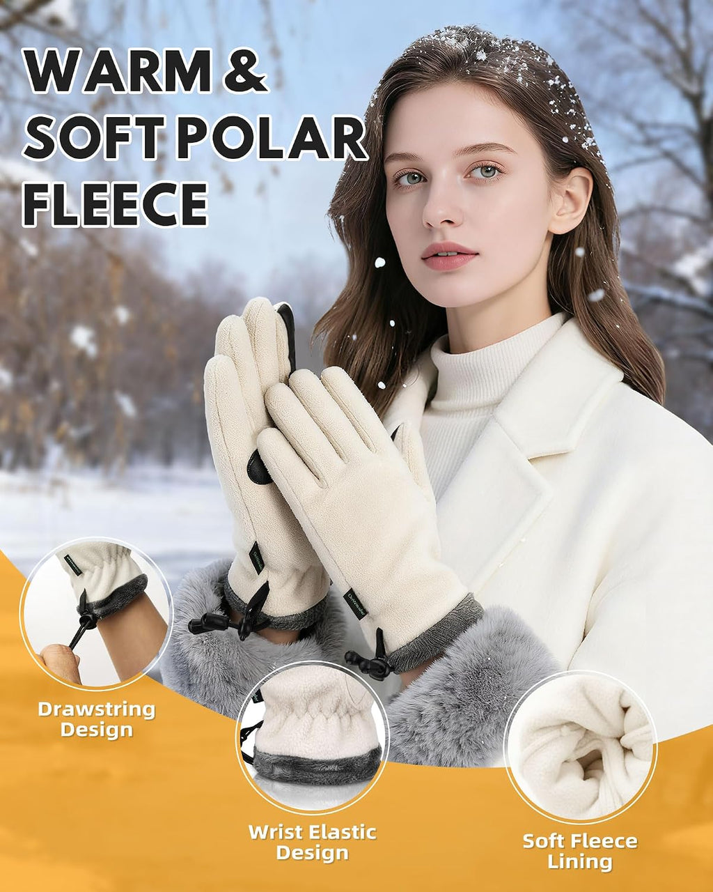 Winter Warm Gloves for Women - Fashion Style Windproof Cuffs Soft fleece - Touchscreen Thermal Flexible Gloves