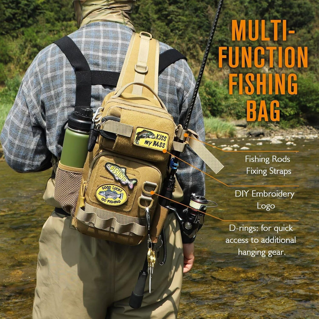 Dovesun Small Fishing Backpack with Tackle Boxes Fishing Sling Bag DIY Embroidery Patches Tackle Bag Gift for Men Khaki