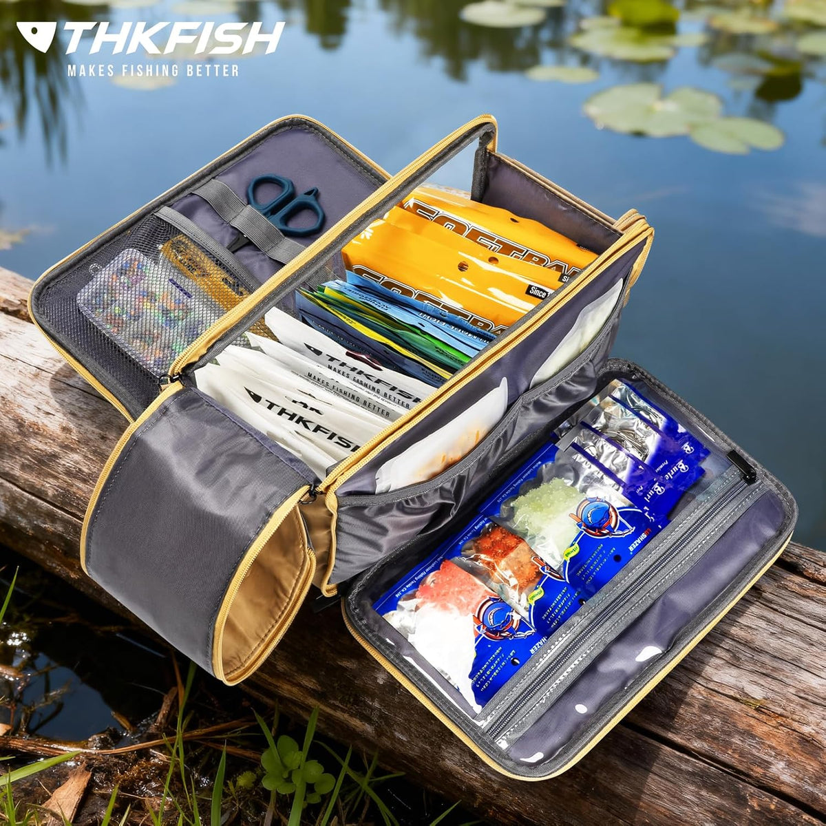 THKFISH Fishing Soft Plastic Bait Storage, Water-Resistant Extra-Large Clear Sleeves Tackle Bait Bag Storage For Lure Hooks, Sinkers & Fishing Accessories (Khaki)