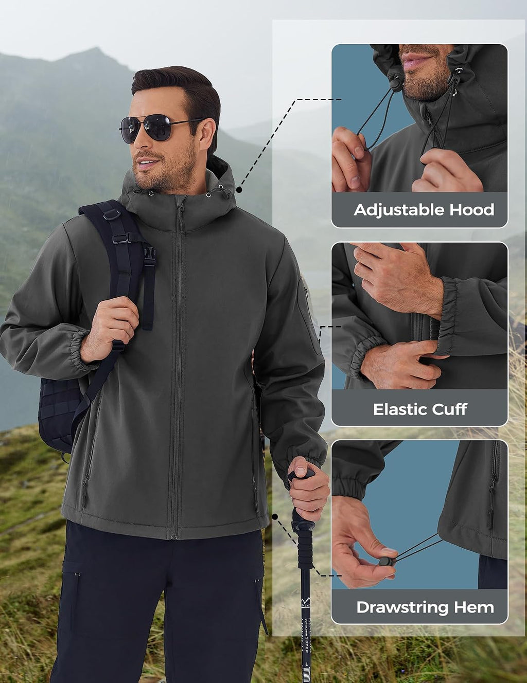 COOFANDY Men's Hooded Softshell Jacket Waterproof Fleece Lined Windbreaker Lightweight Outdoor Hiking Jacket