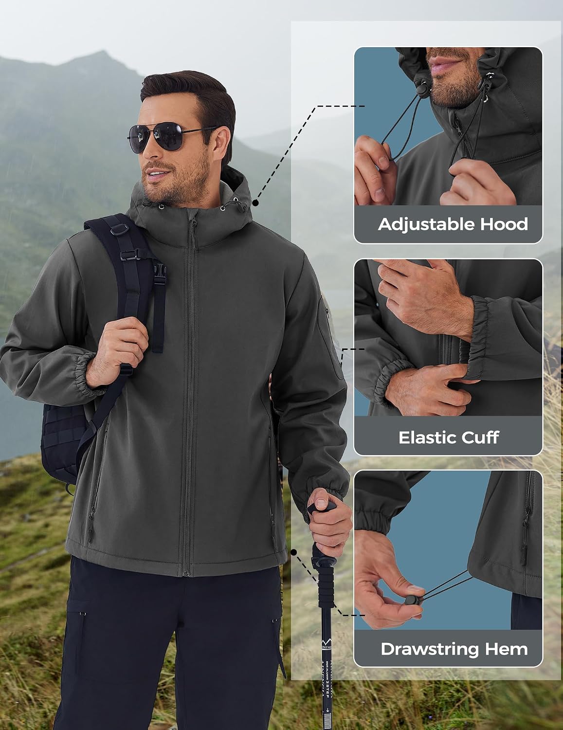 COOFANDY Men's Hooded Softshell Jacket Waterproof Fleece Lined Windbreaker Lightweight Outdoor Hiking Jacket