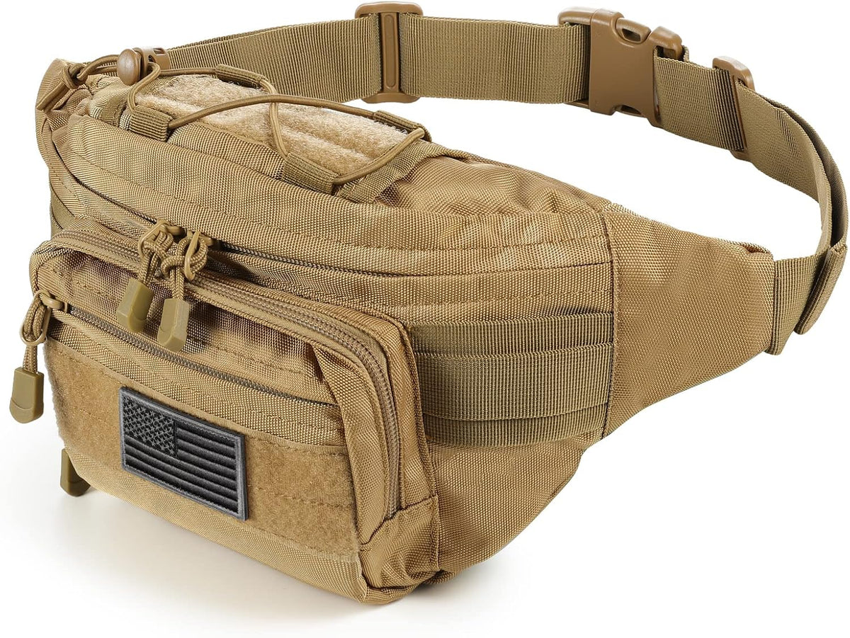 SOWHUP Tactical Fanny Pack,Military Waist Bag Pack with U.S Patch Utility Hip Belt Bumbag for Outdoor Fishing Hiking (Tan(4 Zipper Pockets))