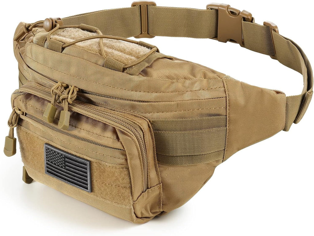 SOWHUP Tactical Fanny Pack,Military Waist Bag Pack with U.S Patch Utility Hip Belt Bumbag for Outdoor Fishing Hiking (Black c(4 Zipper Pockets))