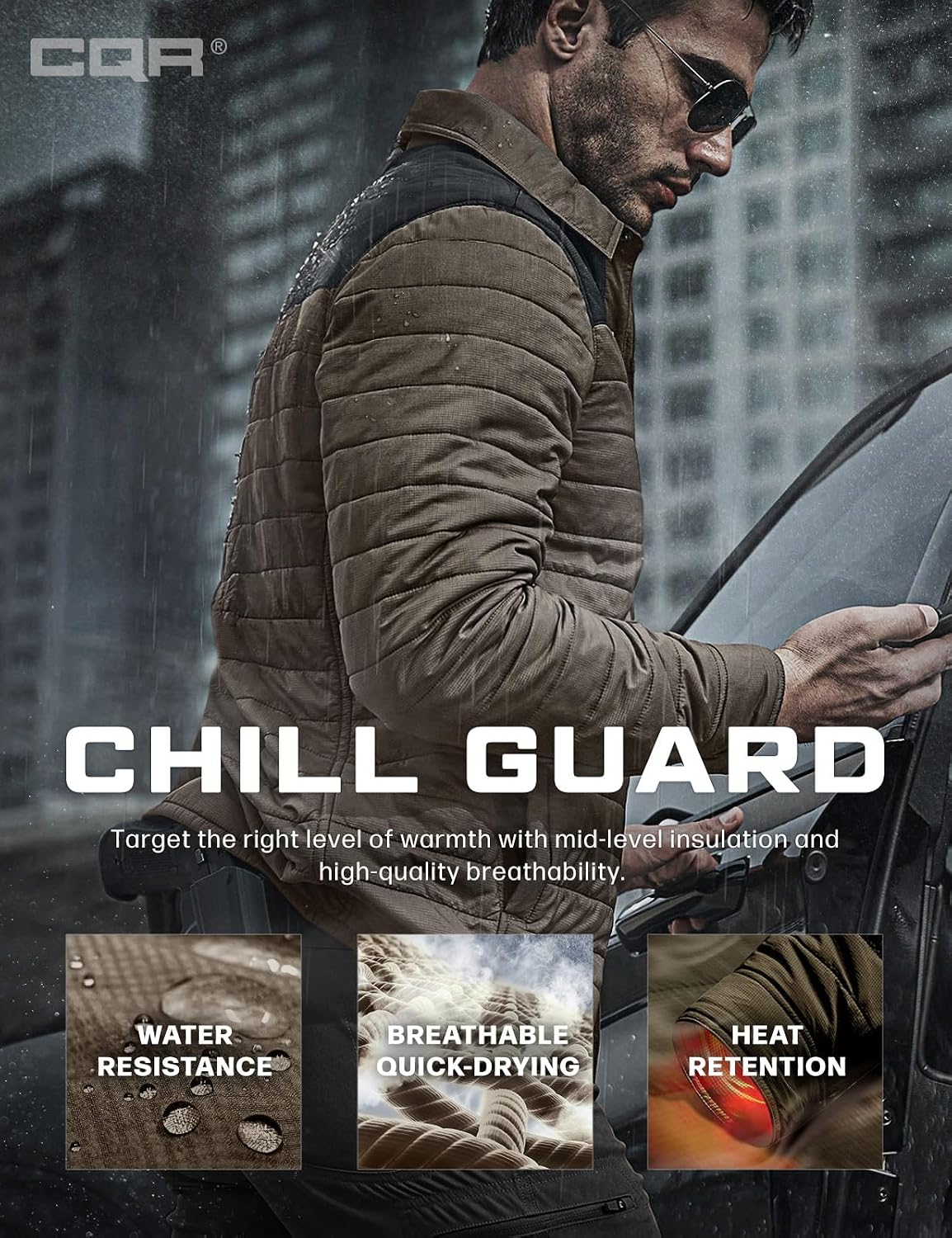 CQR Men's Lightweight Warm Insulated Jacket, Windproof Water Resistant Winter Active Coat for Hiking Work Outdoor Tactical