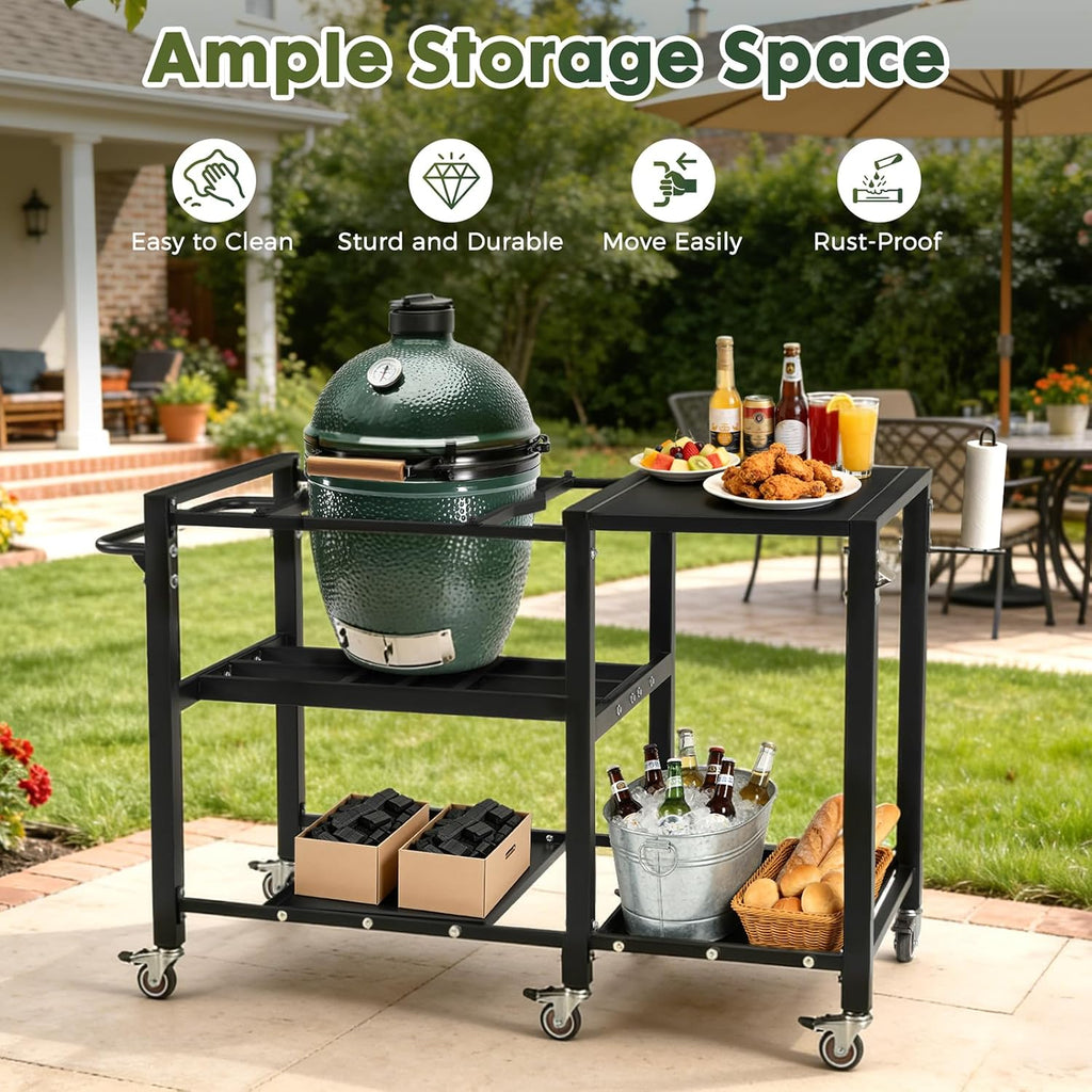 Outdoor Grill Table for Big Green Egg, BBQ Cart with Lockable Wheels