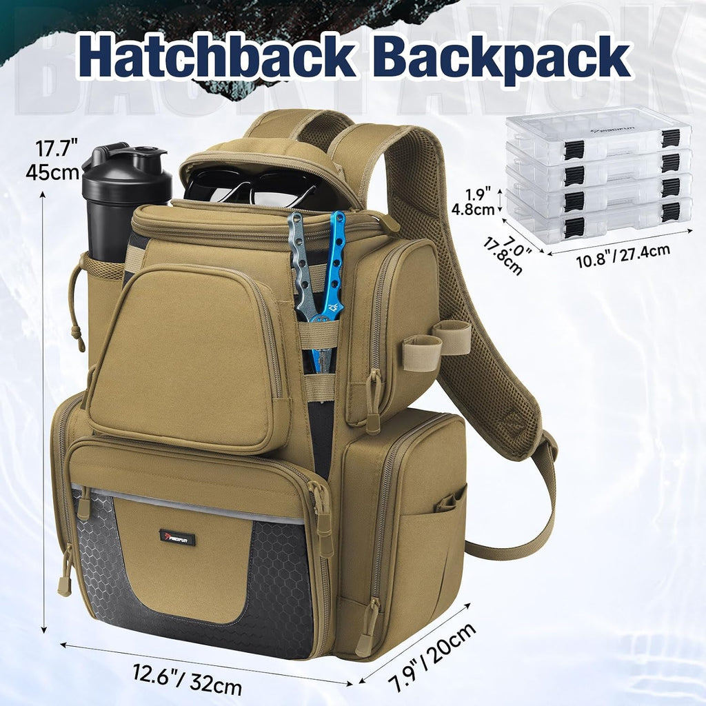 Piscifun Fishing Tackle Backpack with 2 Rod Holders, 4 Boxes & Rain Cover
