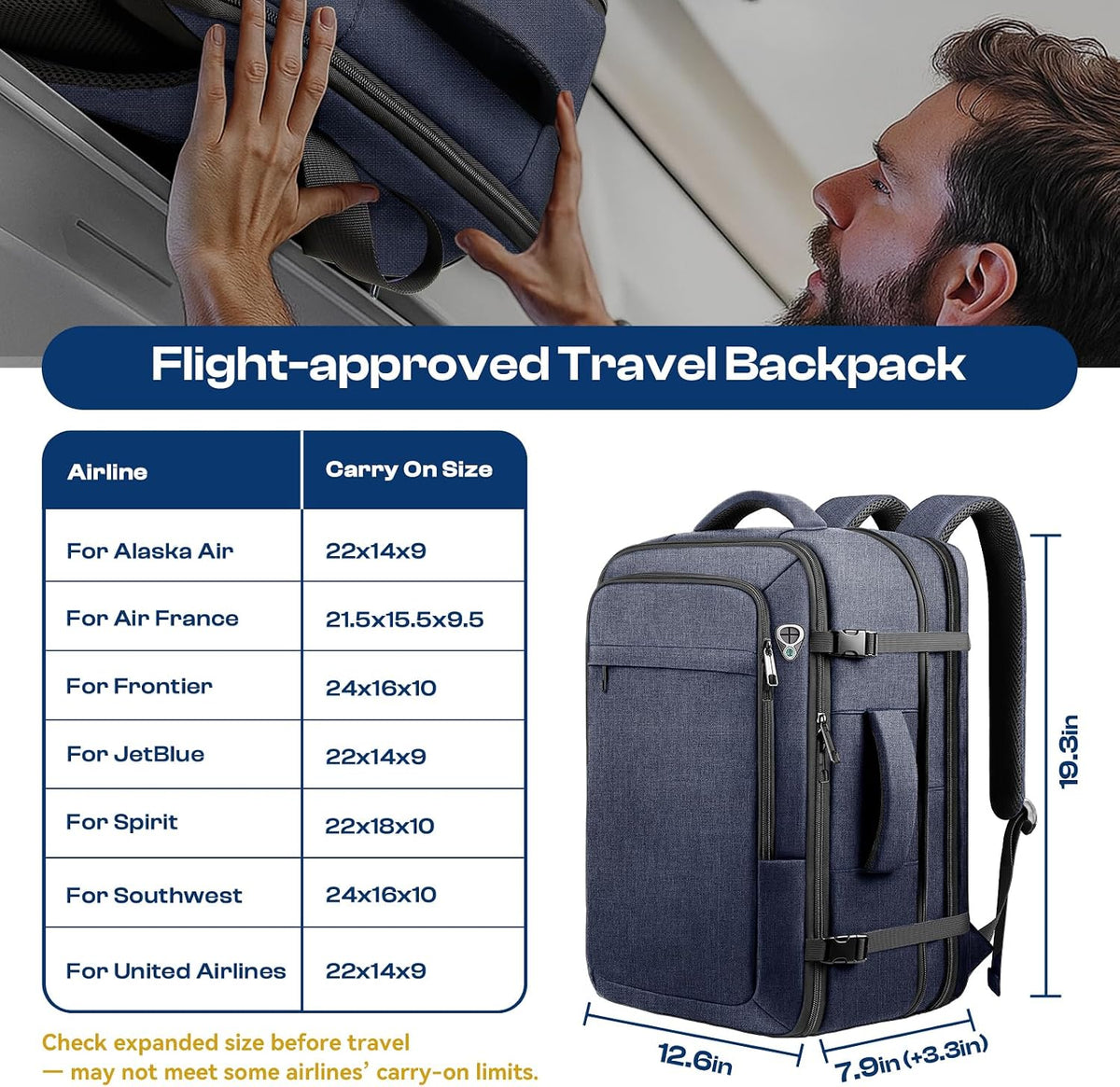 Big Travel Backpack, 40-50L Expandable Large Carry On Backpack
