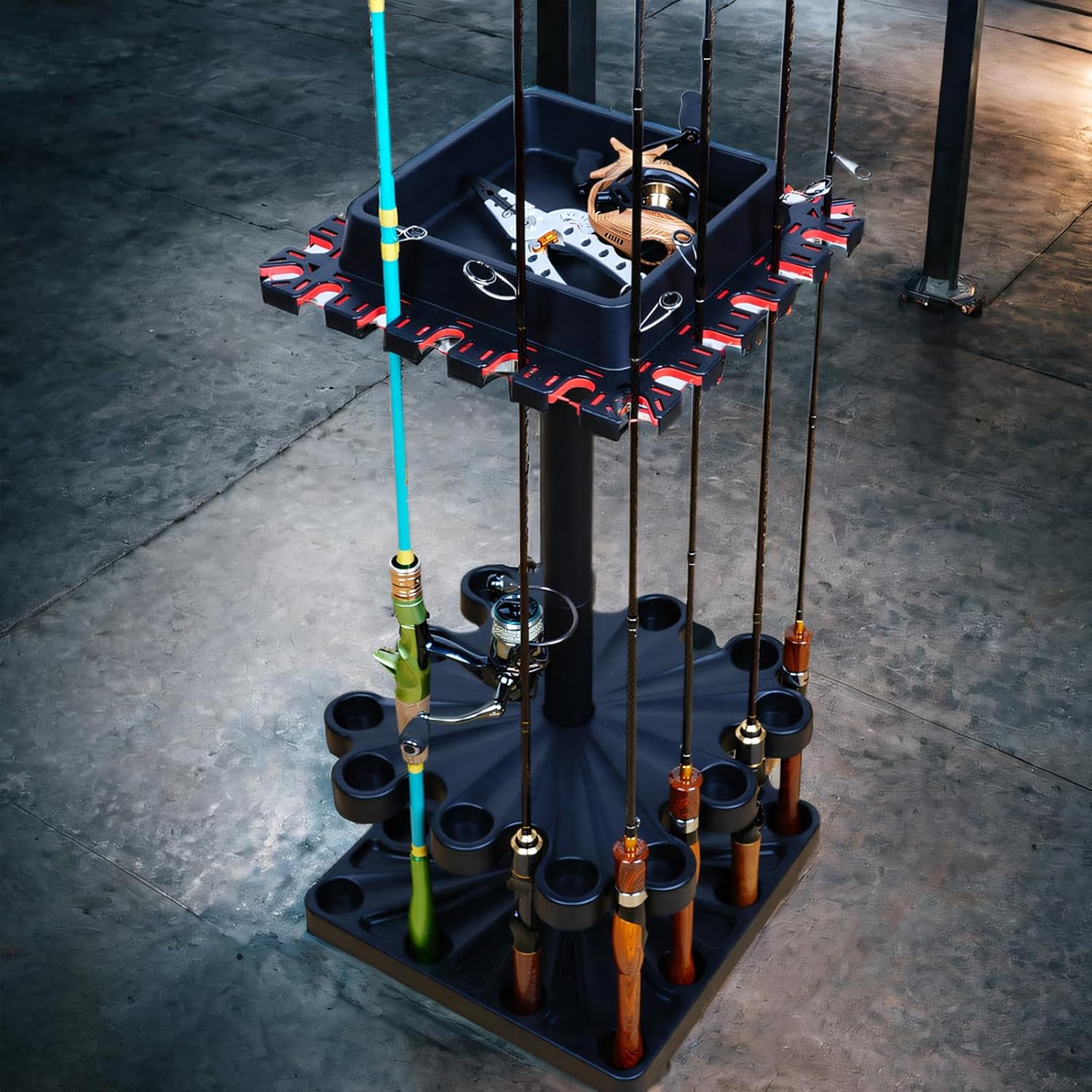 Freestanding Rotating Fishing Rod Rack – No-Drill Lure Rod Stand, Home Display Organizer, Tool-Free Assembly, Holds up to 24 Rods, (With Rolling Wheels)