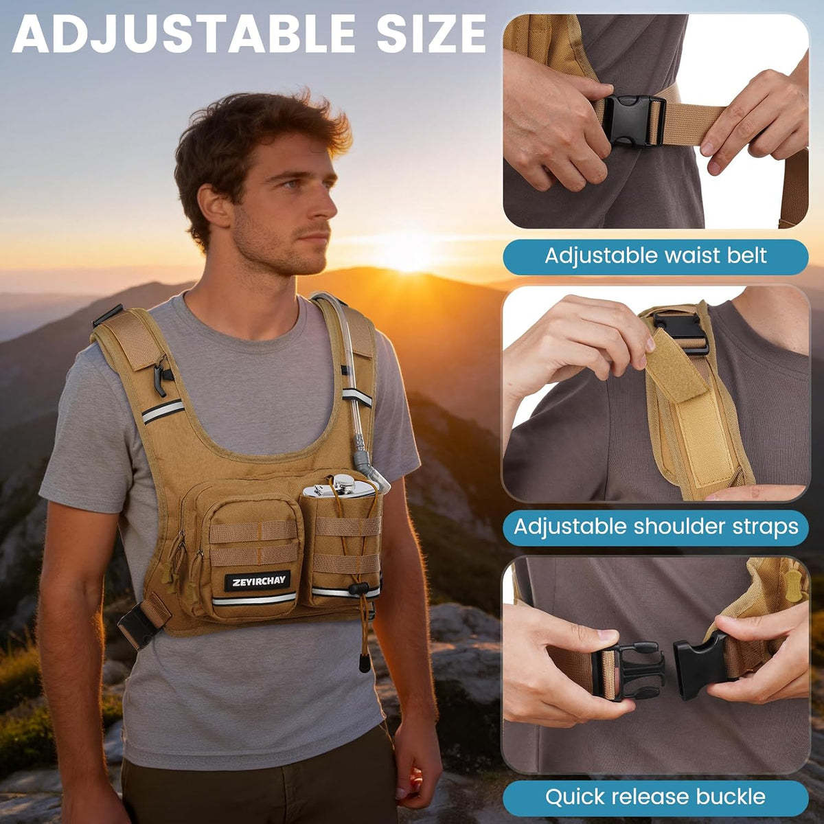 Hydration Pack Vest – Lightweight Chest Pack 2.0L Hands-Free Water Bladder Backpack, Reflective Strips, Adjustable Fit for Men and Women, Ideal for Marathon, Trail Running, Hiking, Cycling