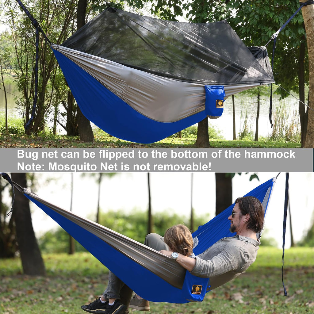 Camping Hammock with Net,Portable Lightweight Double Hammocks with Tree Straps and Solid D-Shape Hanging Hooks,Parachute Nylon Hammock for Backpacking Beach Backyard Patio Hiking