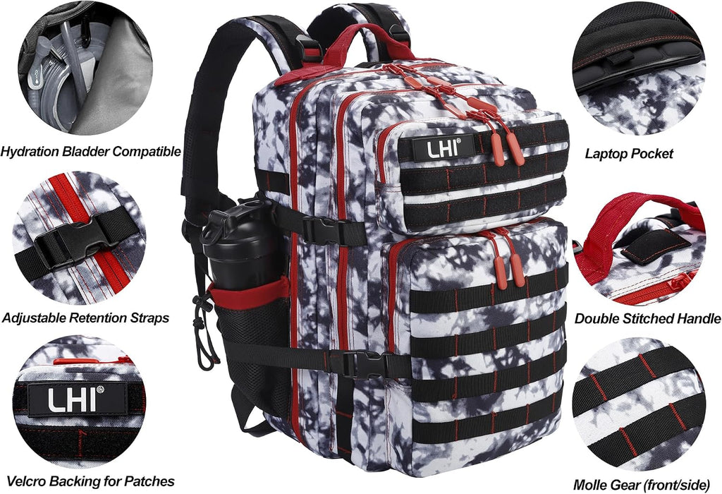 LHI Military Tactical Backpack for Men and Women 45L Army 3 Days Assault Pack Bag Large Rucksack with Molle System Black and White with Red