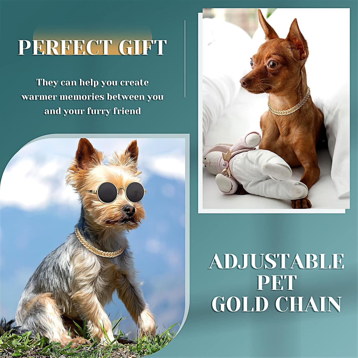 Xuniea 2 Pieces Cat Dog Chain Collar and Sunglasses Set Rhinestone Necklace with Secure Buckle Round Glasses for Doll Cat Dog Pet Accessories(10 Inch,Gold, Black)