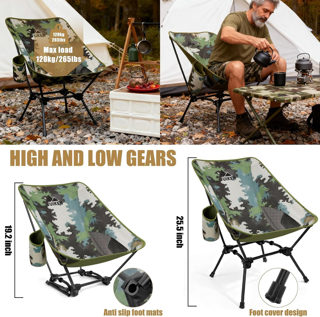 Ultralight Camping Chair Backpacking Chair, Portable Camp Chair with Cup Holder & Storage Bag, Lightweight Compact Folding Chair for Hiking, Travel, Picnic Mountaineering (Camo)