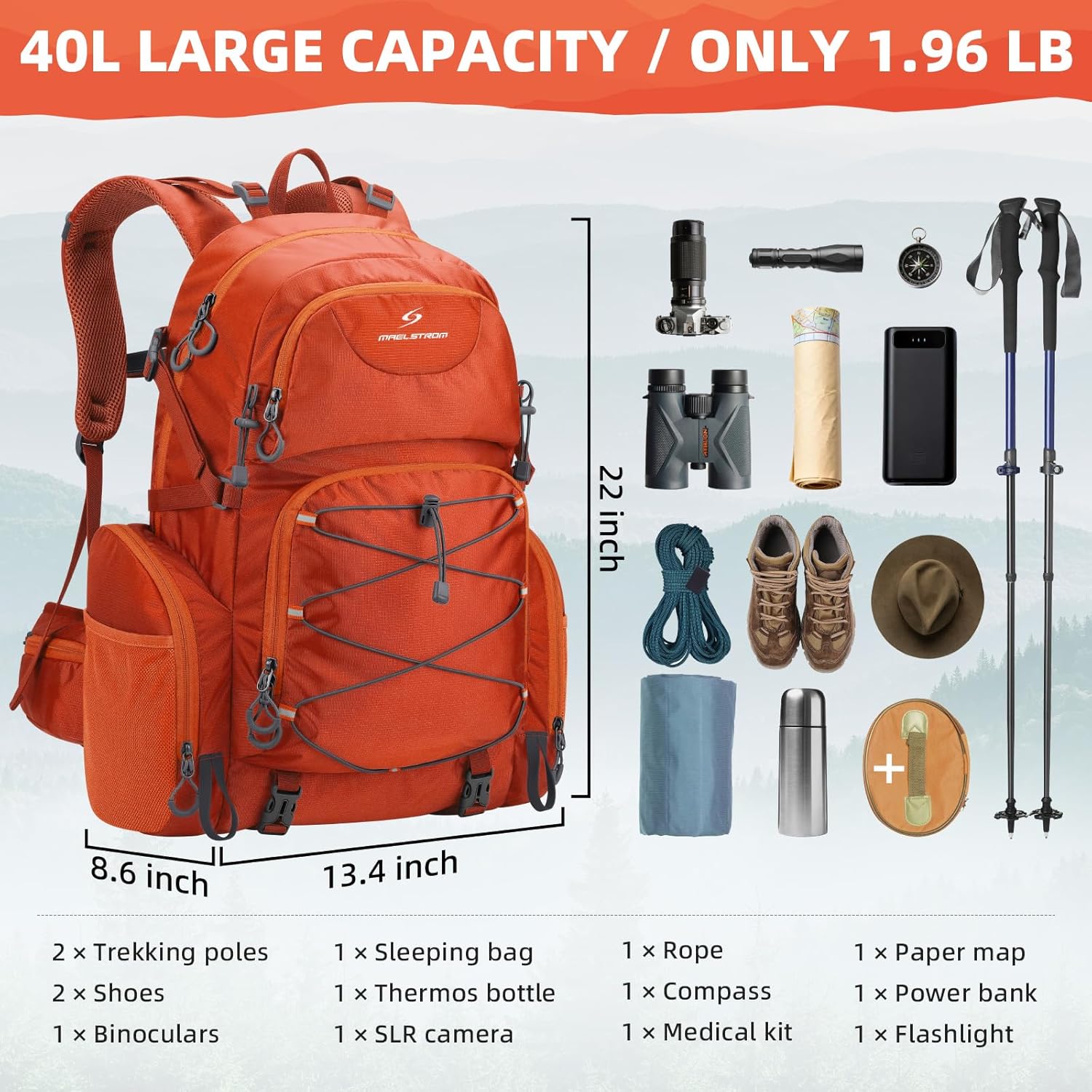 Maelstrom 40L Waterproof Hiking Backpack, Lightweight Travel Daypack | Rain Cover,Hydration-Ready, Tripod Straps, Load Compression, Survival Whistle, Perfect For Men, Women,Camping,Travel