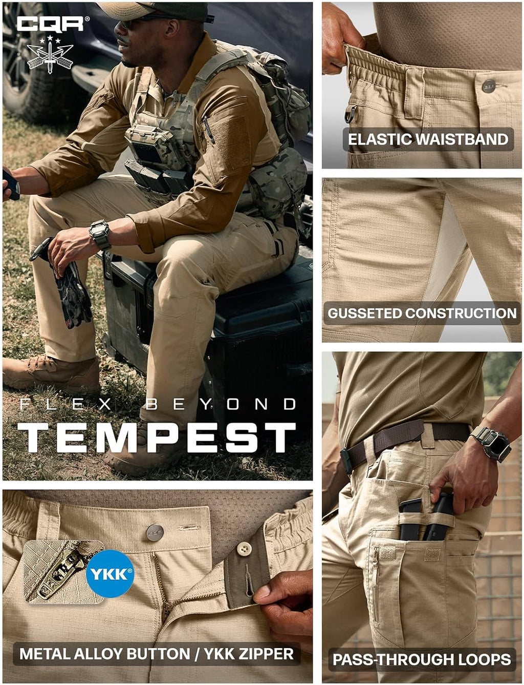CQR Men's Flex Stretch Tactical Pants, Water Resistant Ripstop Cargo Pants, Lightweight EDC Outdoor Work Hiking Pants