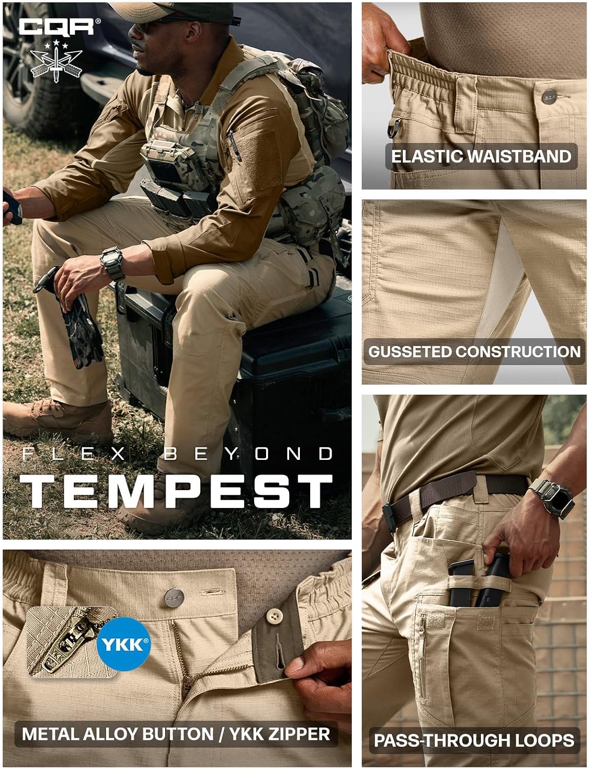 CQR Men's Flex Stretch Tactical Pants, Water Resistant Ripstop Cargo Pants, Lightweight EDC Outdoor Work Hiking Pants