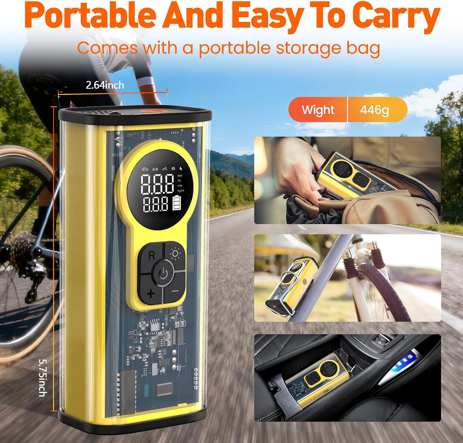 Electric Bike Tire Pump, Portable Electric Air Pump for Road Bicycle, E-Bike, Motorcycle, Car Tires and Sports Ball Inflation