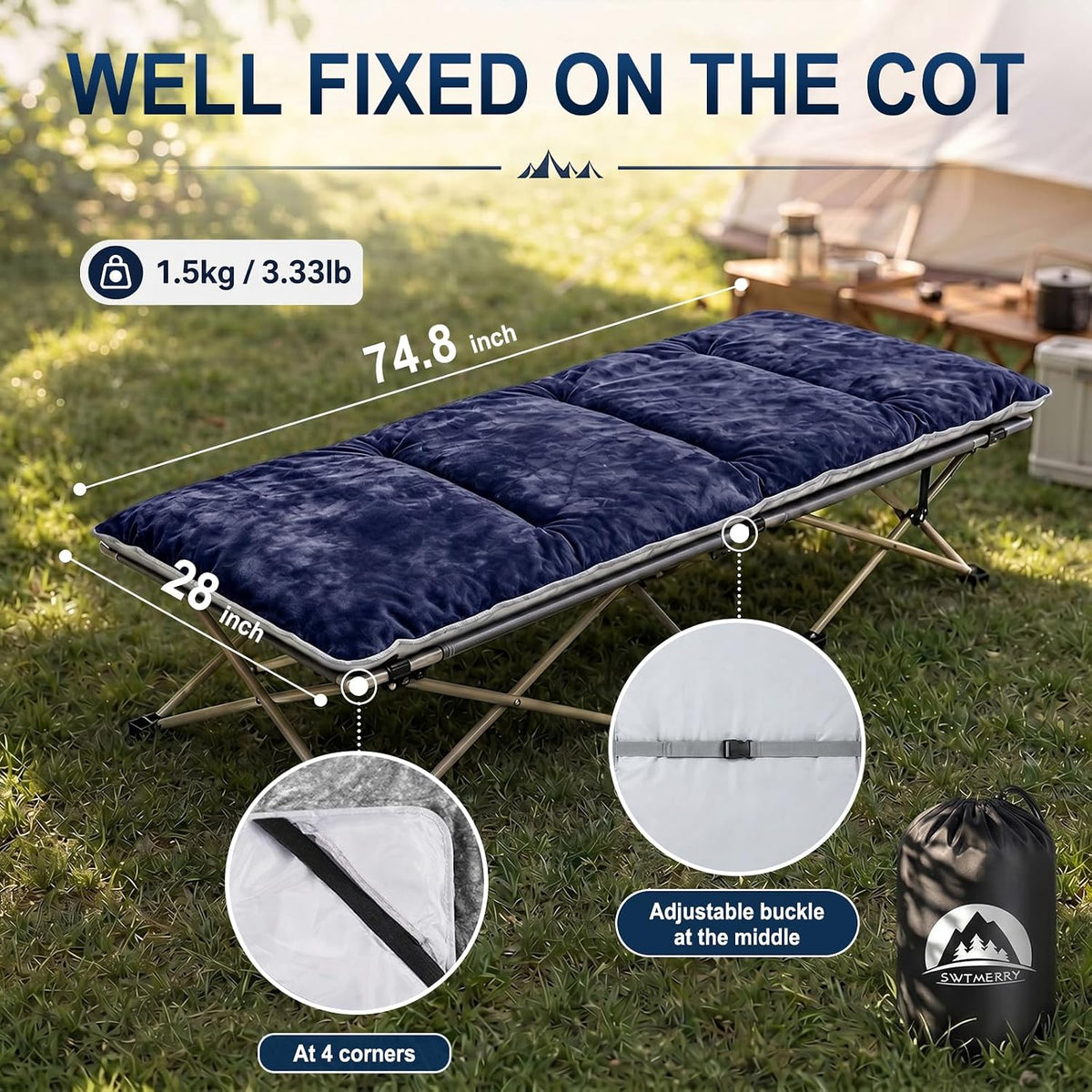 SWTMERRY Cot Mattress Topper - Quilted Cot Pads for Camping, Soft Comfortable Sleeping Cot Mattress Pad Only, Camping Pad 75"x28" for Camp Cot/Rv Bunk/Narrow Twin Bed