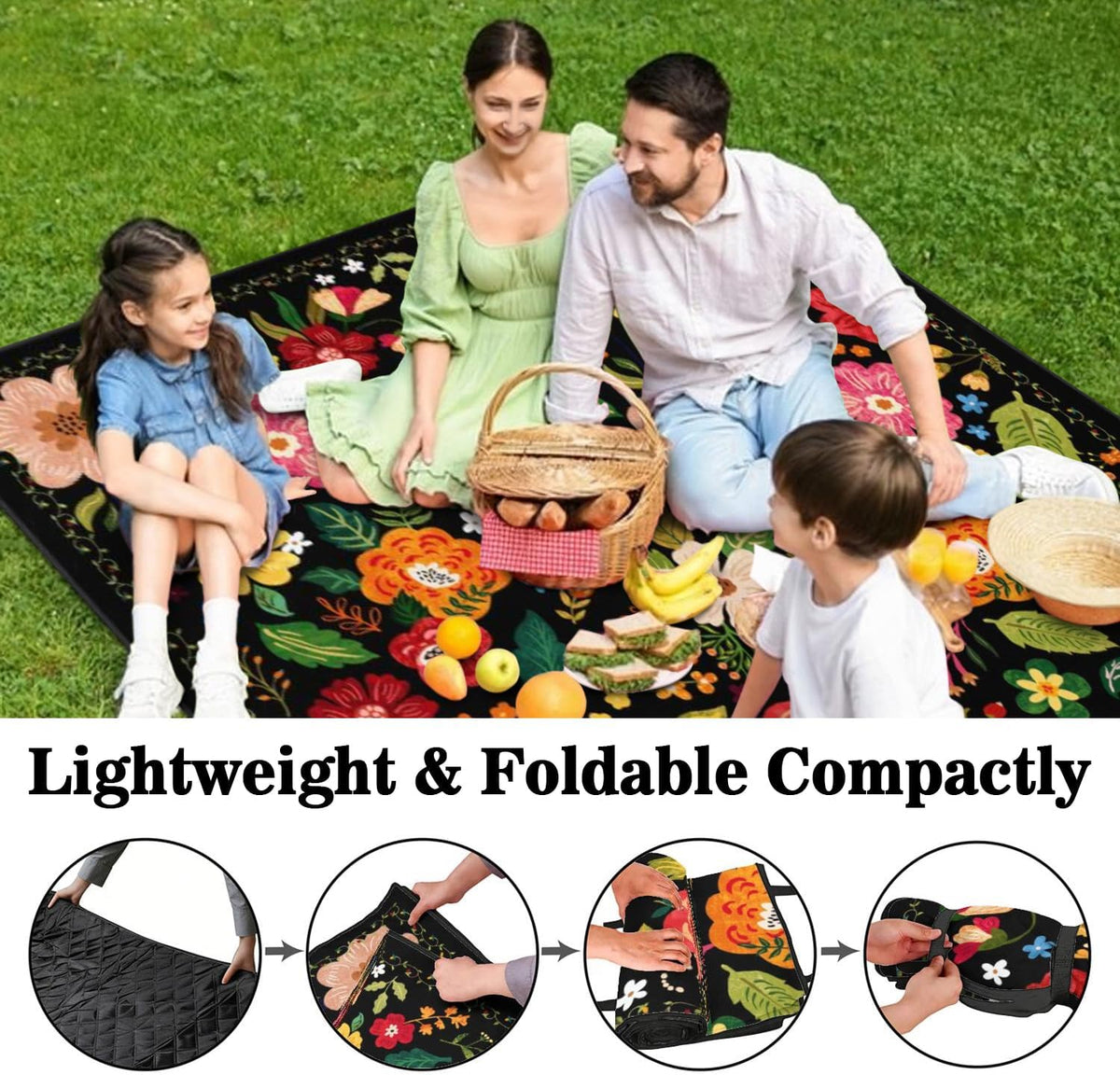 Picnic Blankets Waterproof Foldable Extra Large,80"x 80" Outdoor Beach Blanket Sandproof,3-Layer Lightweight Handy Mat Tote Picnic Camping Rugs for Outside Your Rv (Boho Vintage Floral Black)