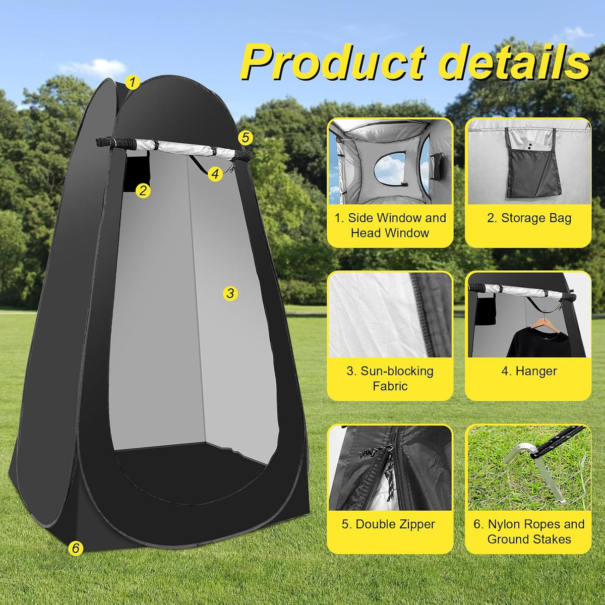Portable Camping Shower Tent,Shower Tent Kit, Outdoor Pop Up Privacy Tent,Changing Tent with 5 Gallon Shower Bag-(Nozzle Upgraded)