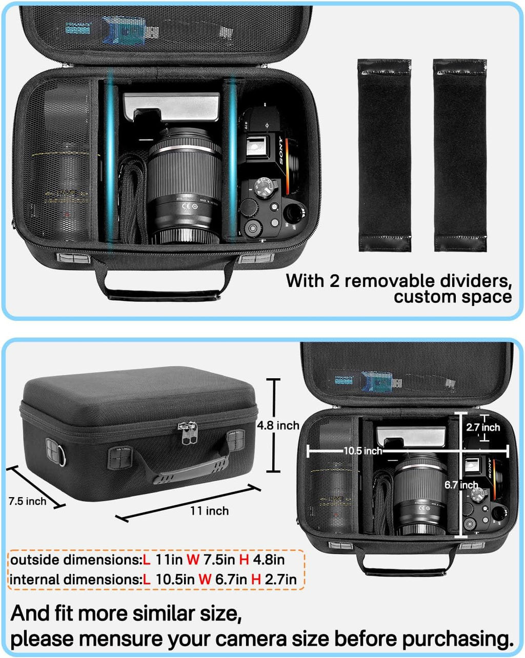 RAIACE Hard Case Compatible with Sony Alpha 7 II III IV/7R V Camera, for Nikon, for Canon, for Pentax and More.Large Capacity With Mesh Pocket for Lens, Charger, Cables, Cards and Accessories.-Black