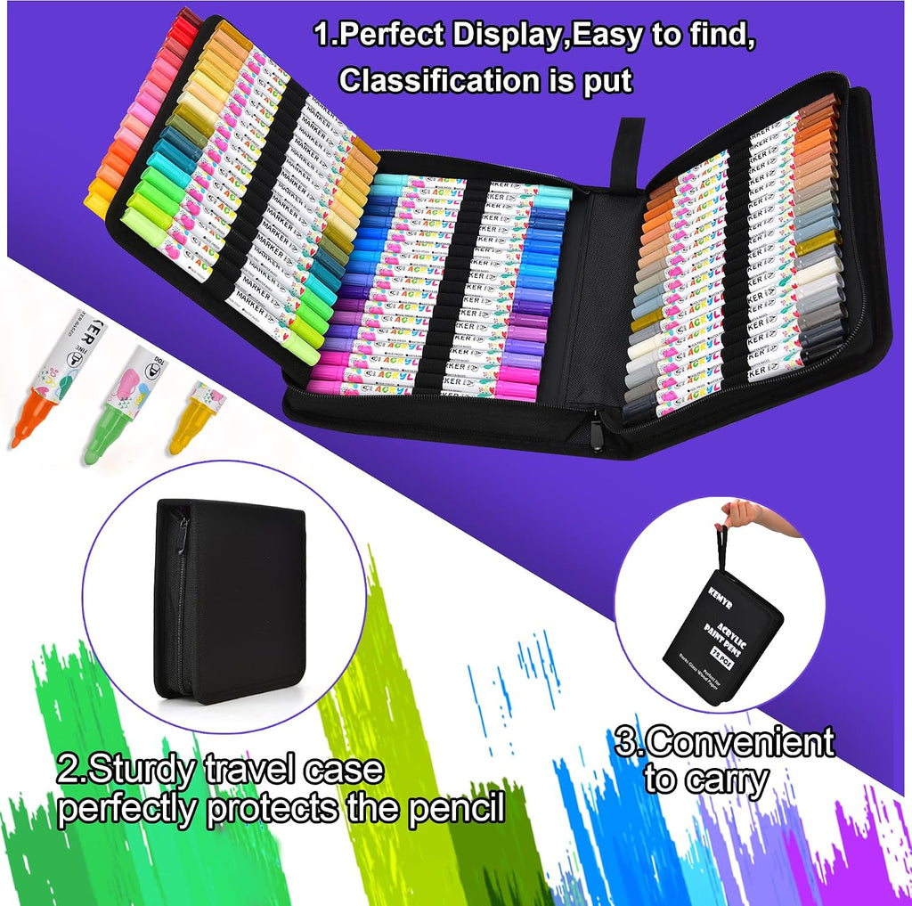 KEMYR 72 Colors Acrylic Paint Pens, Dual Tip Acrylic Paint Markers for Paper, Wood, Canvas, Stone, Rock Painting, Glass, Fabric, DIY, Ceramic, Art Supplies for Adults Drawing (Dot + Fine)