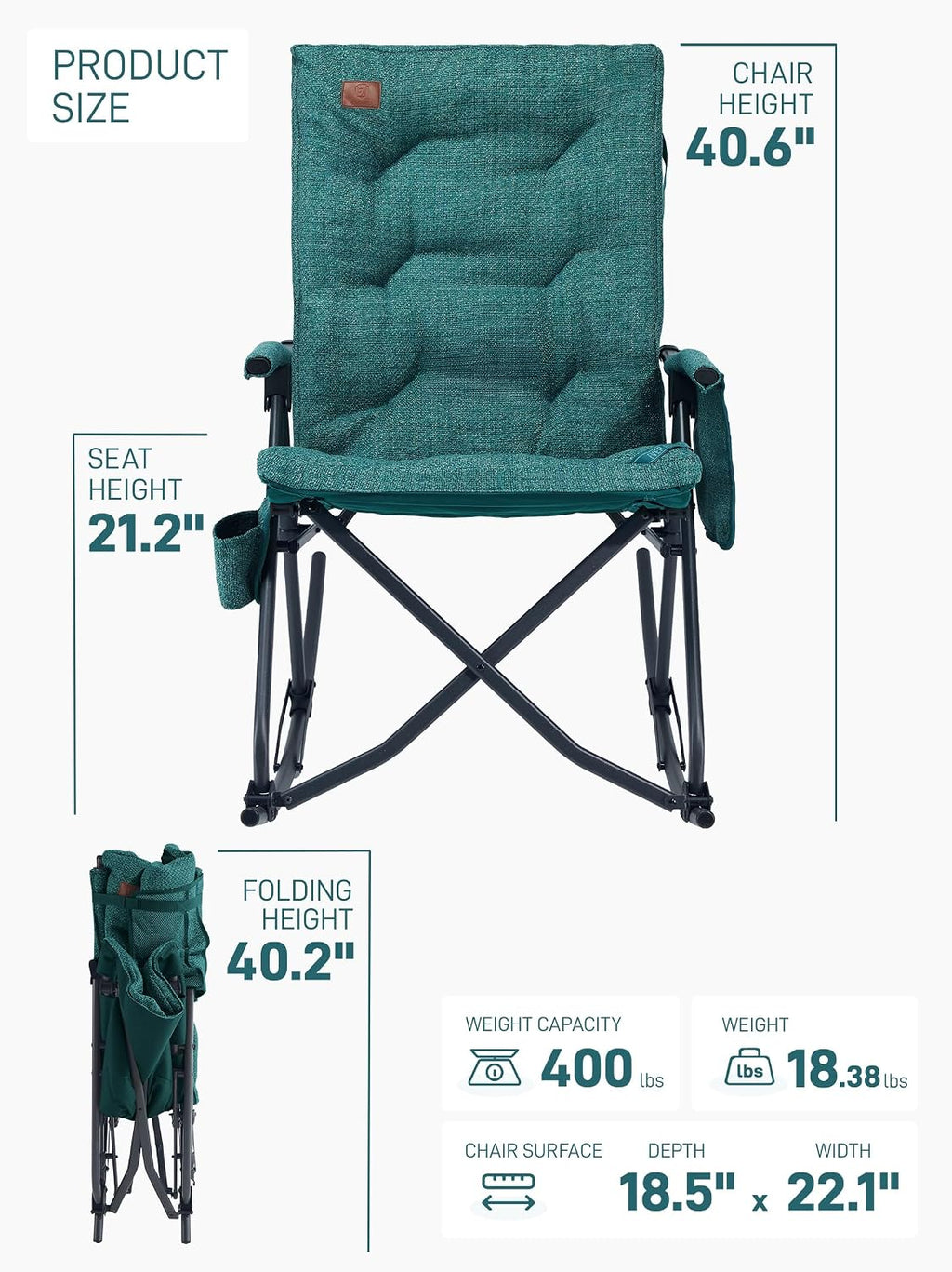 EVER ADVANCED Oversized Rocking Camping Chair, Padded Folding Rocker for Adults with Hard Armrests, 400lbs Heavy Duty Portable Chair for Patio, Lawn and Outdoors, Forest Green