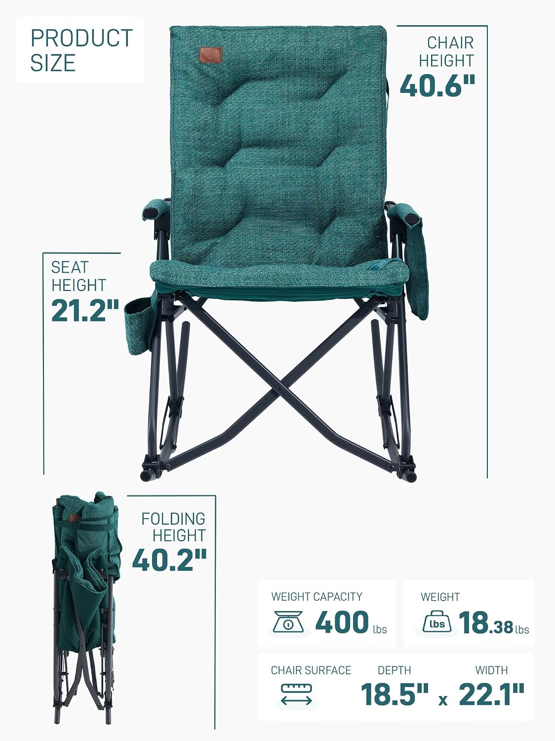 EVER ADVANCED Oversized Rocking Camping Chair, Padded Folding Rocker for Adults with Hard Armrests, 400lbs Heavy Duty Portable Chair for Patio, Lawn and Outdoors, Forest Green