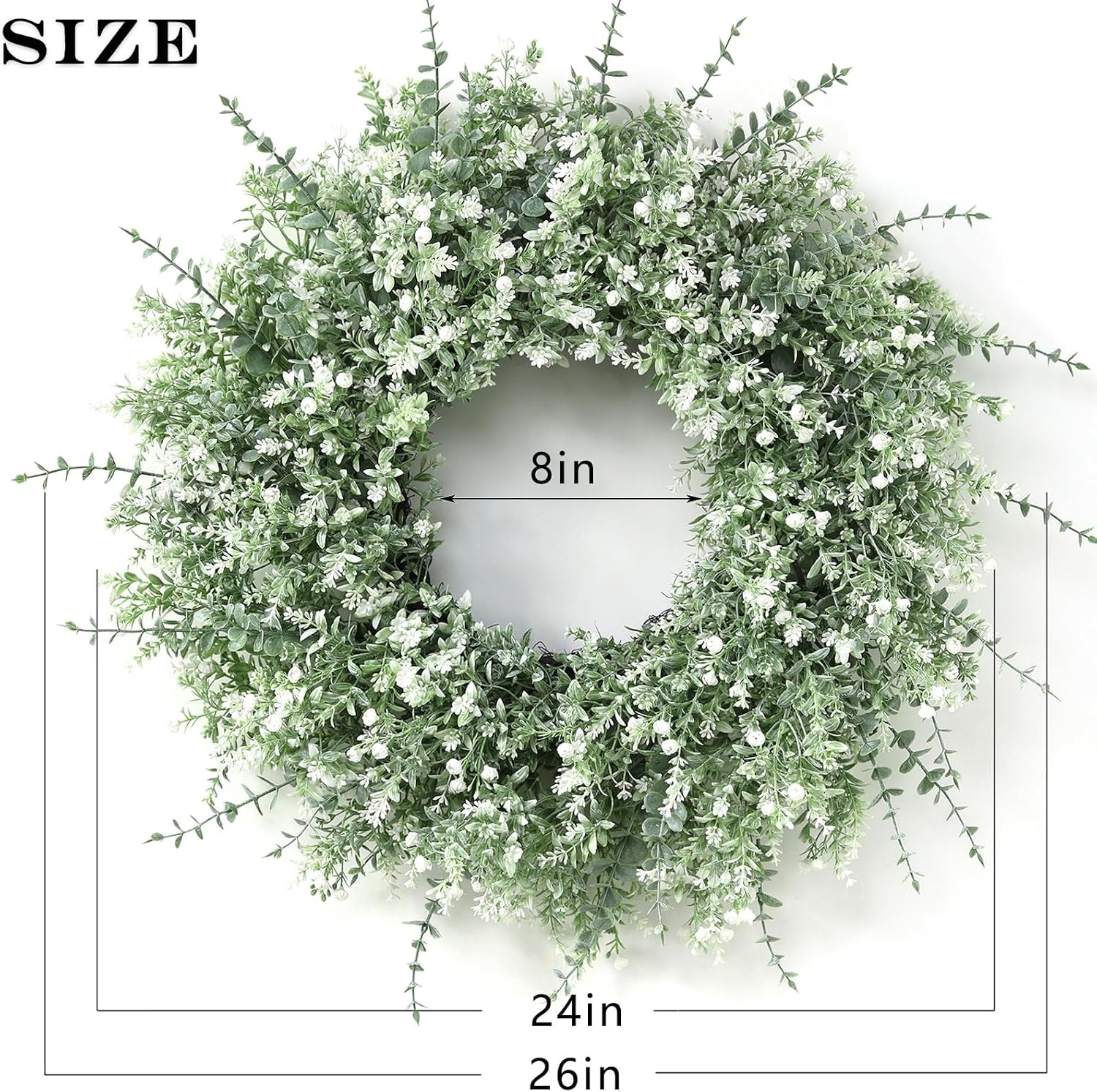 26" Large Artificial Eucalyptus Wreath for Front Door Decor (White-Green)