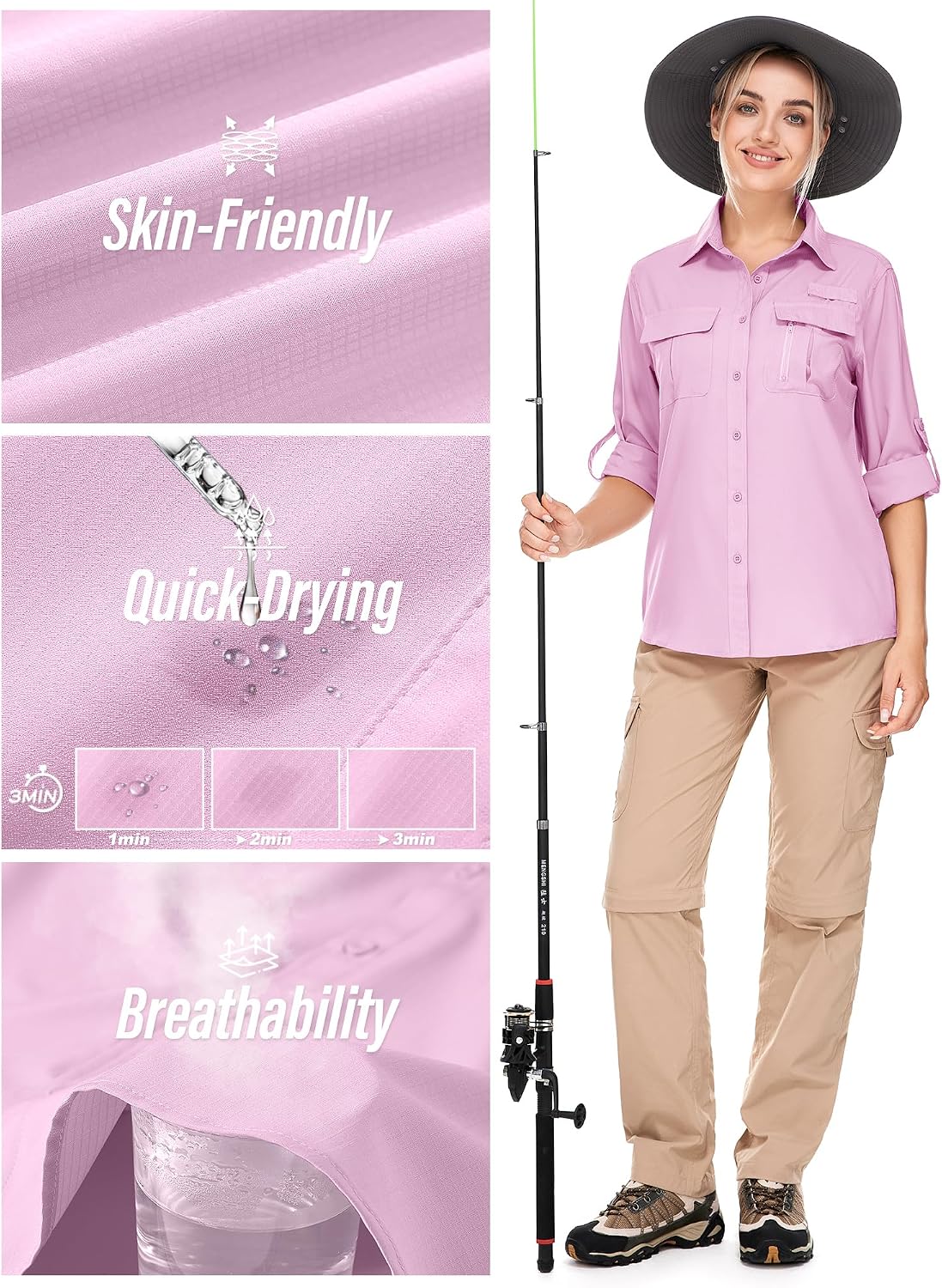 Women's UPF 50 Long Sleeve Sun Protection Safari Fish Hiking Shirts