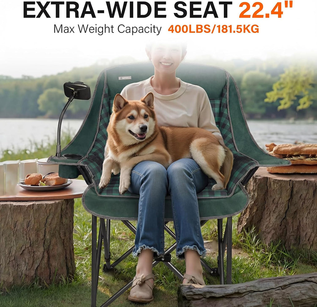 Oversized Camping Chairs for Adults- Heavy Duty Extra Large Lawn Chair,Folding Comfy Padded Camp Chair for Outdoor Sports Garden Beach,Wide&Thick,Green Plaid