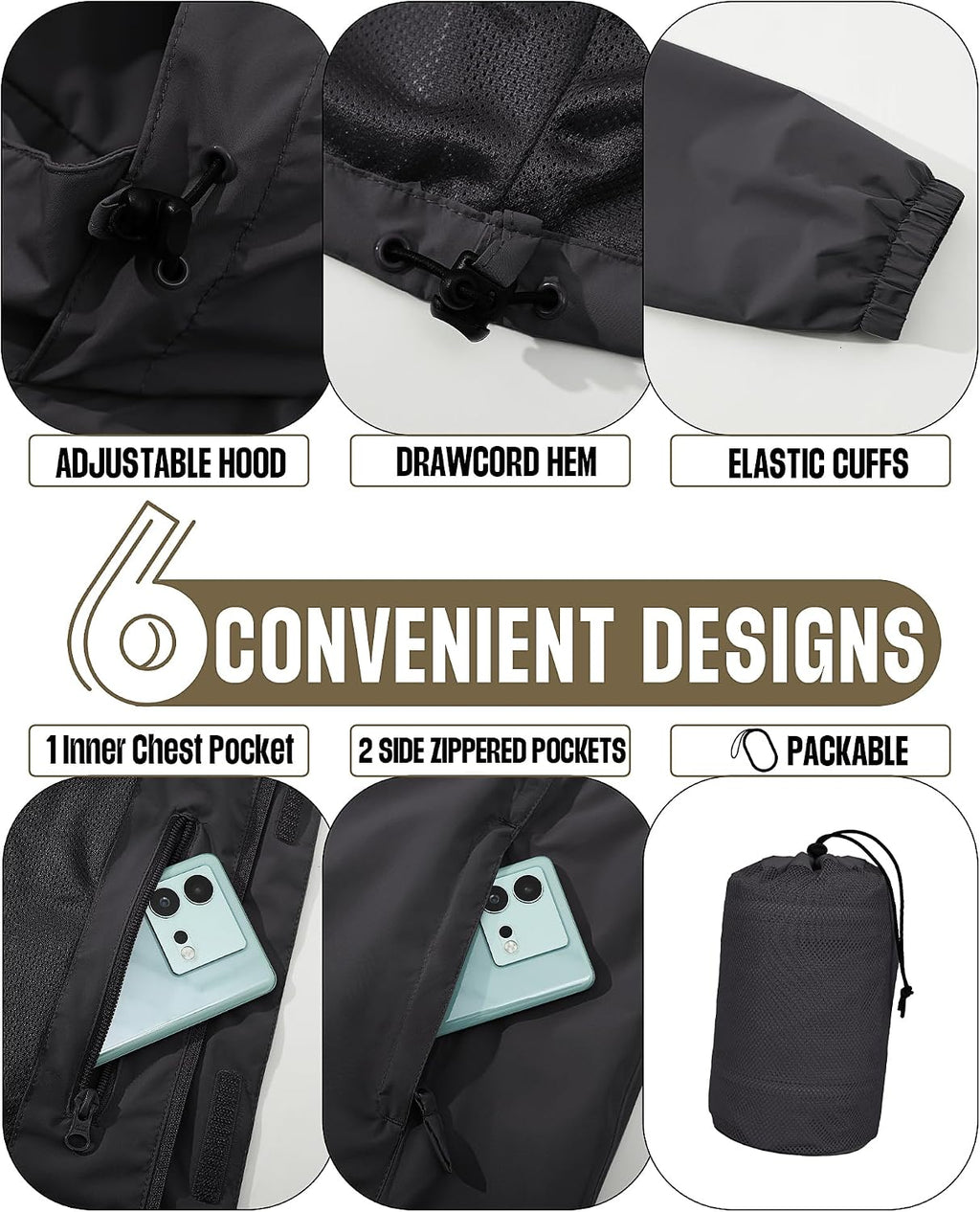 33,000ft Men's Waterproof Rain Jacket Packable Lightweight Hood Rain Shell