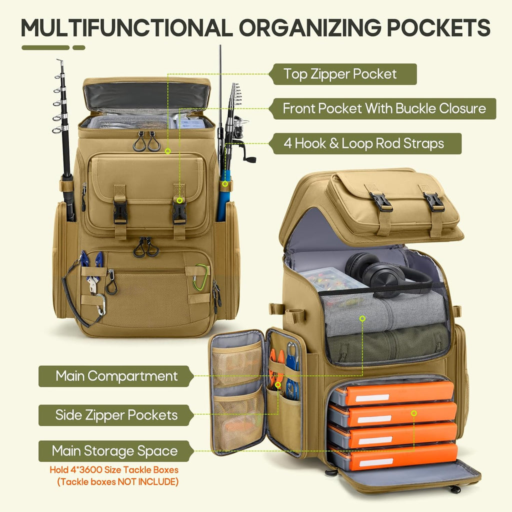RAINSMORE Fishing Backpack, 45L Large Water-resistant Fishing Tackle Bag