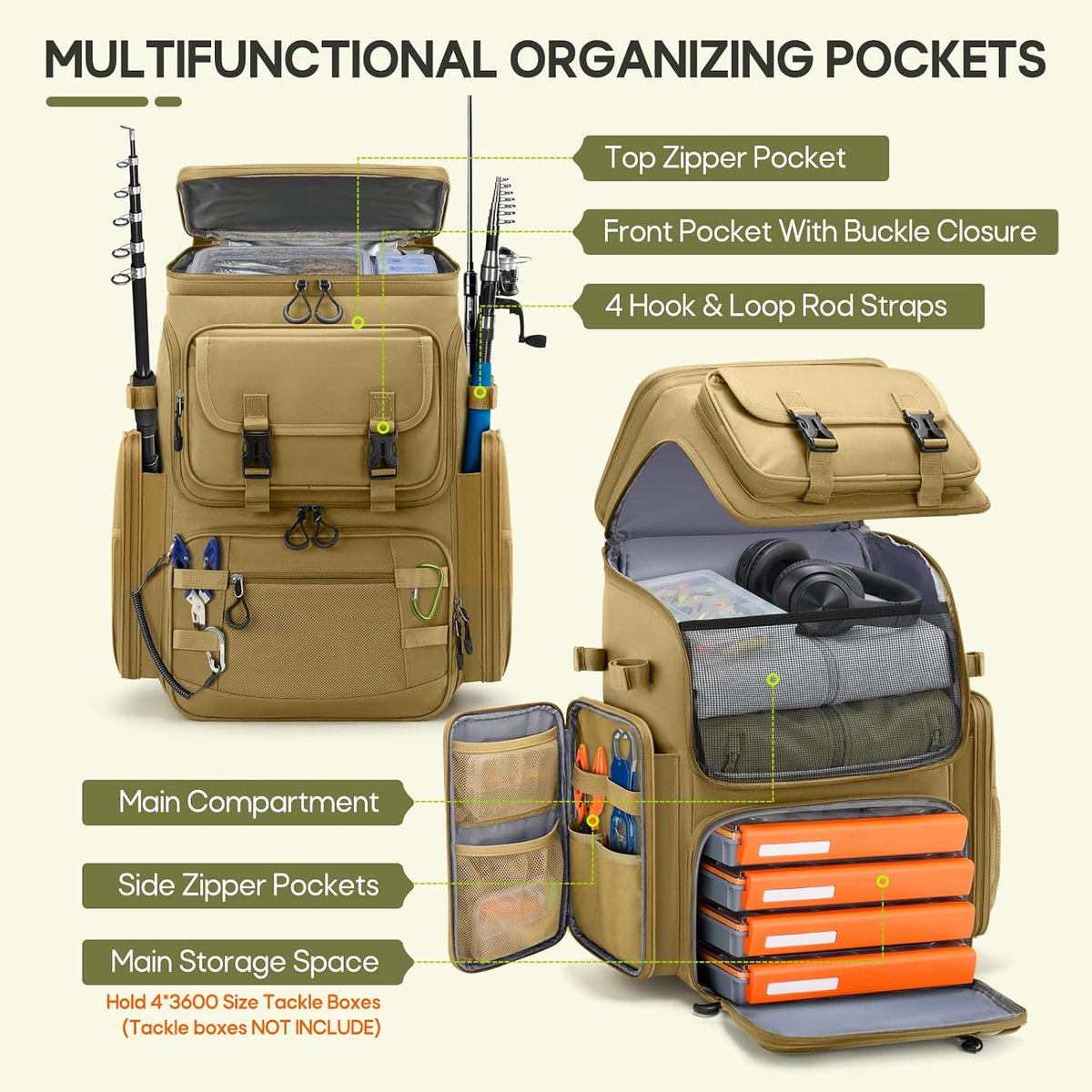 RAINSMORE Fishing Backpack, 45L Large Water-resistant Fishing Tackle Bag
