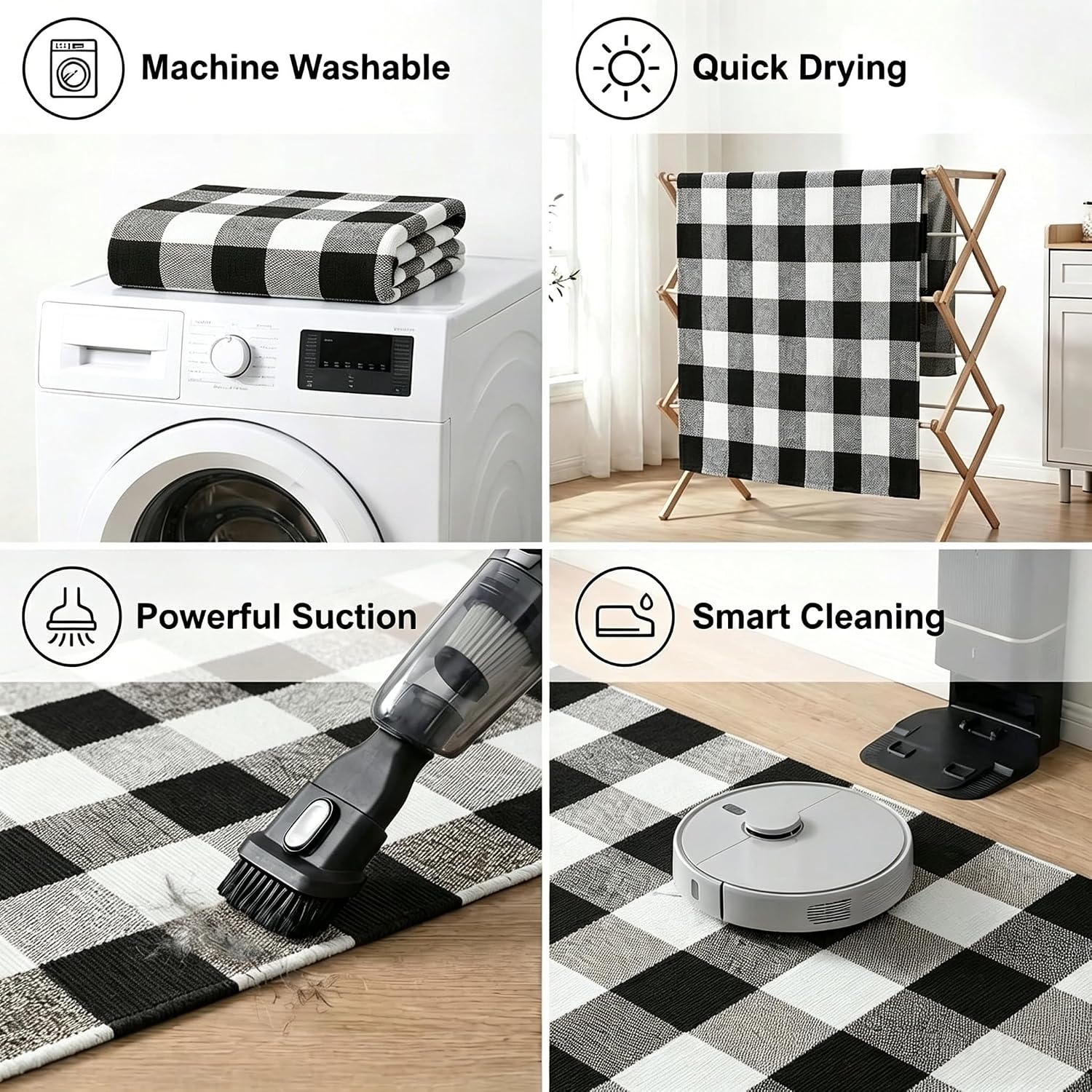 MUBIN Fall Decor Cotton Buffalo Plaid Rug, 3' x 5' Black and White Outdoor Rug Front Door Decorative Mat, Washable Doormat Foldable Area Rug Layered Door Mats Rug for Front Porch, Entryway, Patio